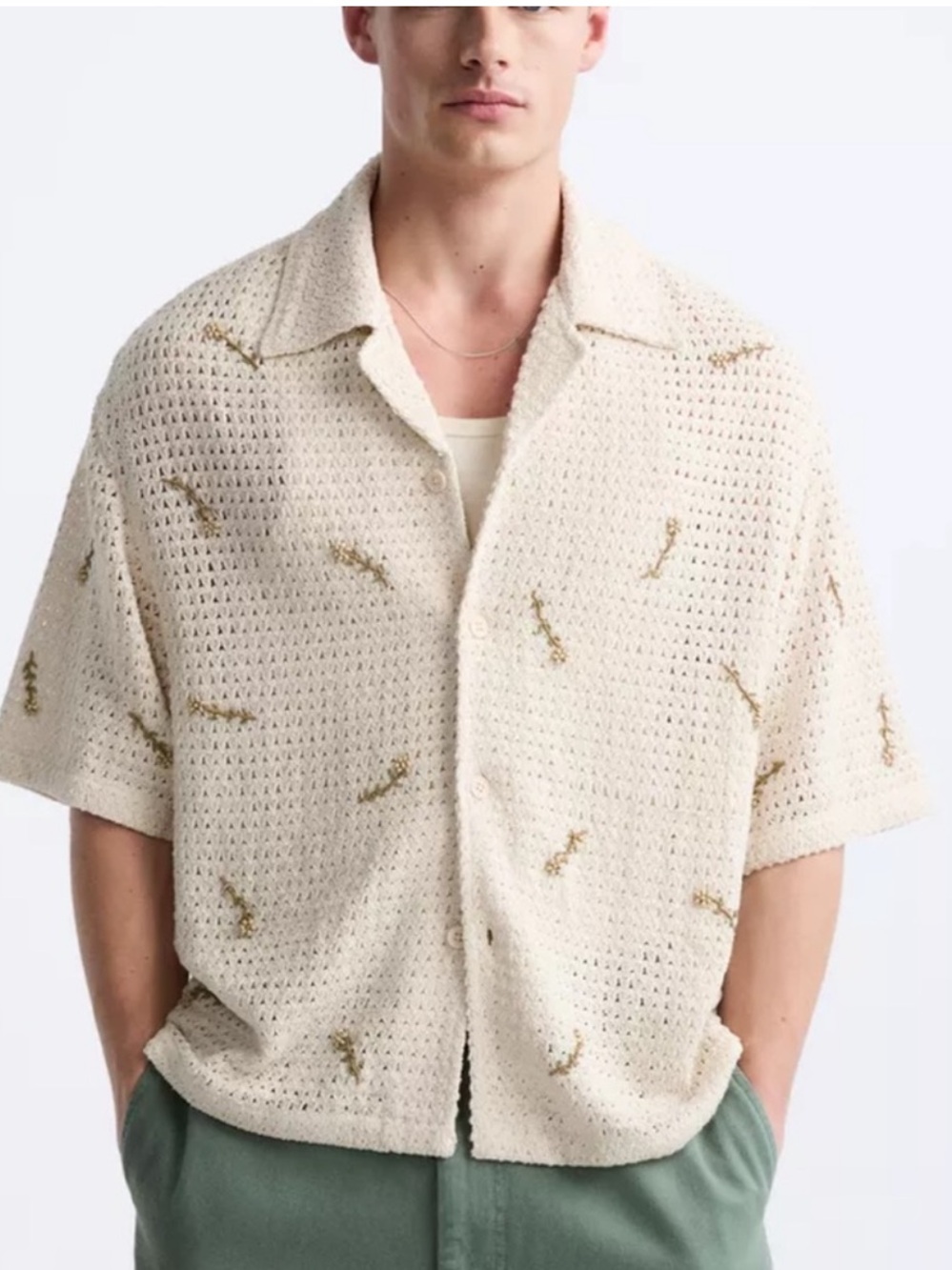 Zara Men's Cream Crochet Short-Sleeve Polo Shirt Beads Embroidery. Resortwear. M